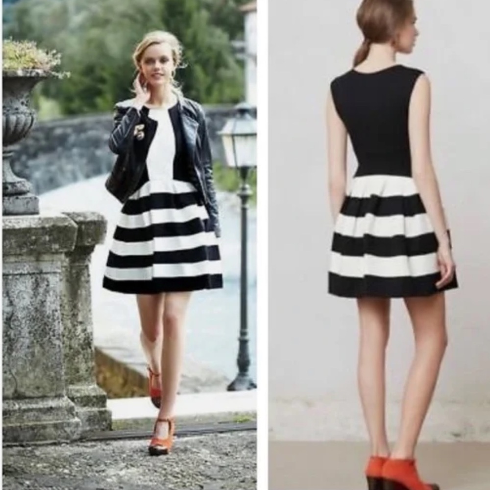 Anthropologie x Eva Franco Strata Black White fit flare mini dress women size 8